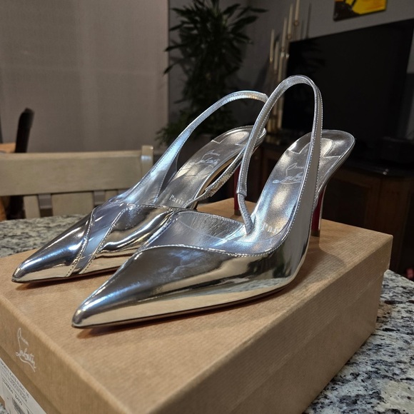 NEW Christian Louboutin Posticha 80mm Metallic Leather Slingback